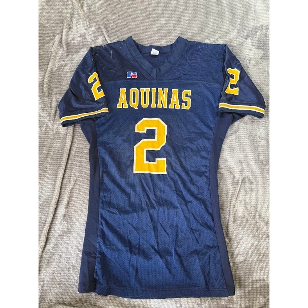 Russell Athletic Aquinas Football Team Issued Jersey Blue Gold #2 Mens Vintage